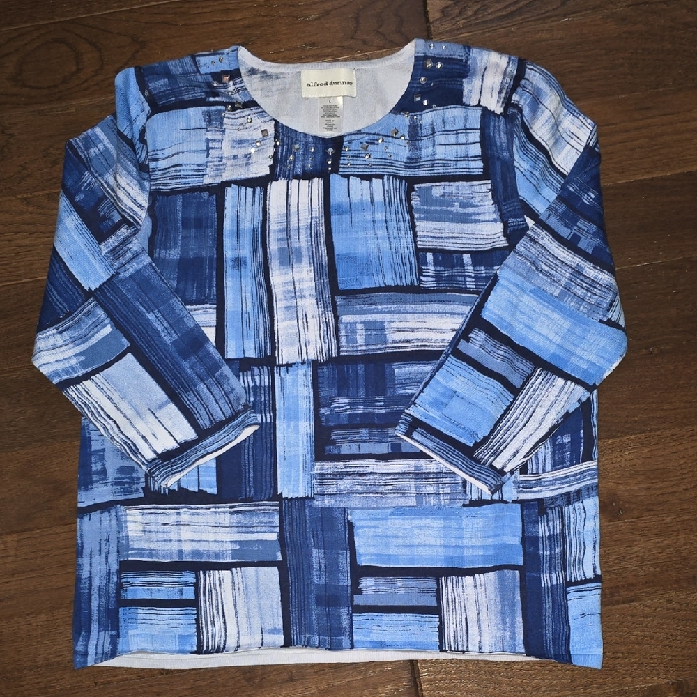 Alfred Dunner Blue Patterned Crew Neck Sweater